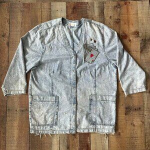 Vintage Denim Button Front Top With Playing Card Embroidery & Dice Button Detail